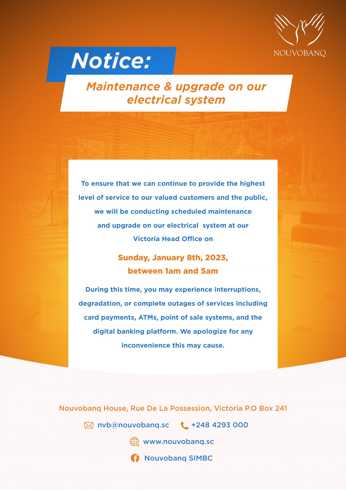 Notice: Maintenance & Upgrade on our electrical system